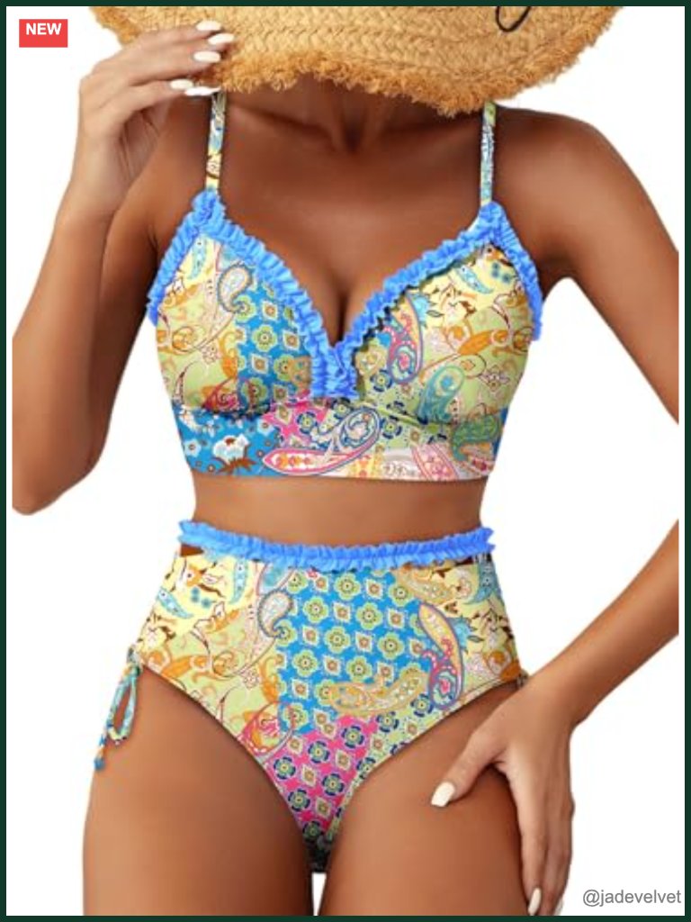 Splice Ruffle Trim Bikini Set High Waisted Swimsuit